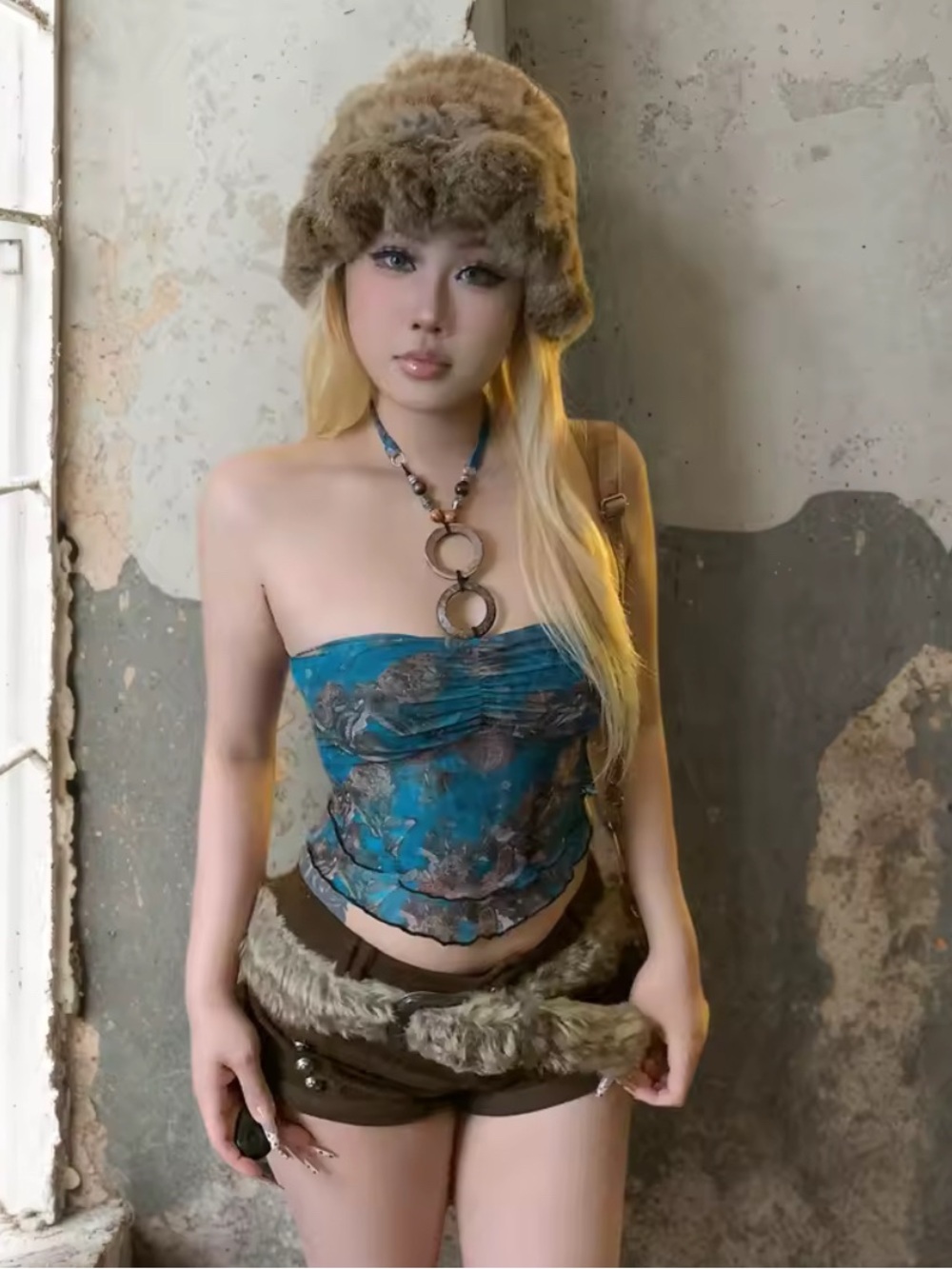 Blue Floral Strapless Tube Top